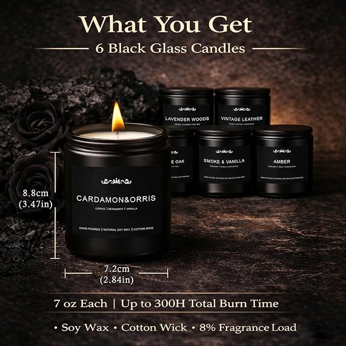 Candles for Men, 6 Pack Soy Wax Gift Set, 300H Long Lasting Home Fragrance with Masculine Scents, Gift for Dad, Husband or Boyfriend