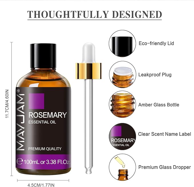 Rosemary Essential Oil with Dropper, MAYJAM Pure Rosemary Oil Aromatherapy Oils for Humidifier and Diffusers, 3.38FL.OZ