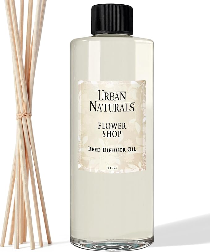 Urban Naturals Reed Diffuser Oil Refill Flower Shop with Violets, Daisies, Green Stems, Hyacinth, Rose 8 oz + Free Reed Sticks, Made in the USA