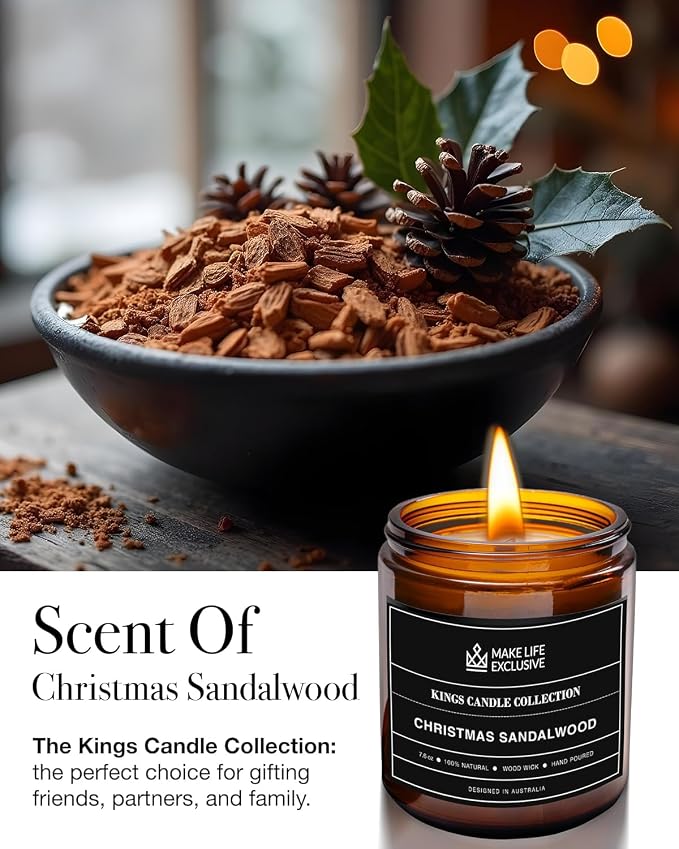 Scented Candles for Men | Christmas Sandalwood | Wooden Wick, Long Lasting, Masculine Scents | Natural Soy Jar Candle for Home, Bacehlor Pad Decor | The Perfect Mens Gift