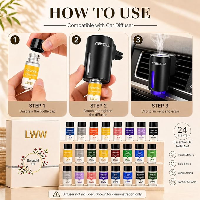 Car Air Freshener Diffuser Refills, 24 PCS 10ml Essential Oils Mixed Fragrance Set, Long Lasting Car Fragrance Oil Replacement for Car Diffusers, No Diffuser Included