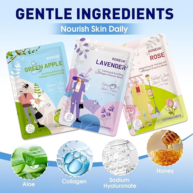 KONEUK 54 Pack Bulk Sheet Face Masks Skincare, Hydrating and Moisturizing Face Mask for All Skin Types, Collagen Facial Masks for Skin Care, Spa Birthday Party Supplies (9 Types x 6 Pcs)