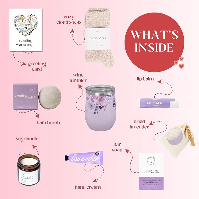 Unboxme Lavender Spa Gift Set for Women — Mother’s Day Gifts with Scented Candle, Bath Bomb, Hand Cream & Wine Tumbler | Self Care Gift Box for Mom