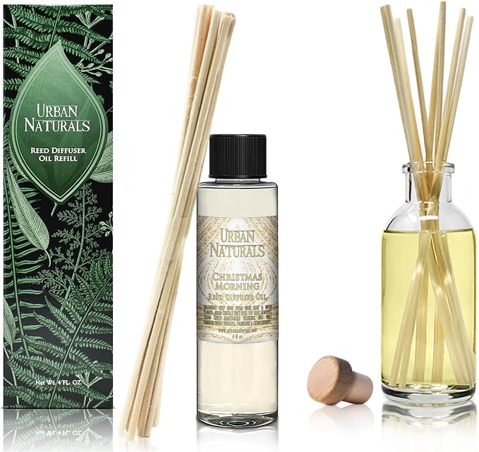 Urban Naturals Reed Diffuser Oil Refill Christmas Morning, Rosemary, Eucalyptus, Balsam Spruce, Orange, Essential Oils, 4 oz + Free Reed Sticks, Made in the USA