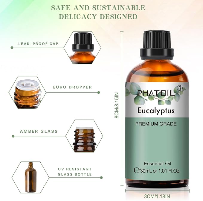 PHATOIL Eucalyptus Essential Oil 30ML, Pure Eucalyptus Essential Oils for Diffuser, Humidifier, Aromatherapy, Perfect for DIY Soap, Candle, Bath Bombs Making
