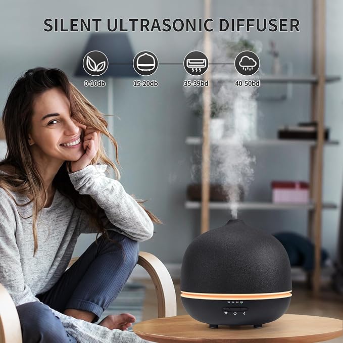 500ml Essential Oil Diffuser,Black Large Ceramic Diffusers,Ultrasonic Cool Mist Humidifier with 4 Timer & 10 Colors Light for Home,Gift