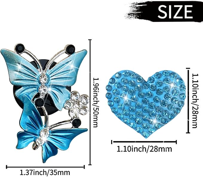 Blue Heart & Butterfly Air Vent Clips, 4 Pcs Bling Heart Air Fresheners Vents Clips Car Diffuser Diamond Interior Decor Charm Cute Accessories + Cute Mask Hook
