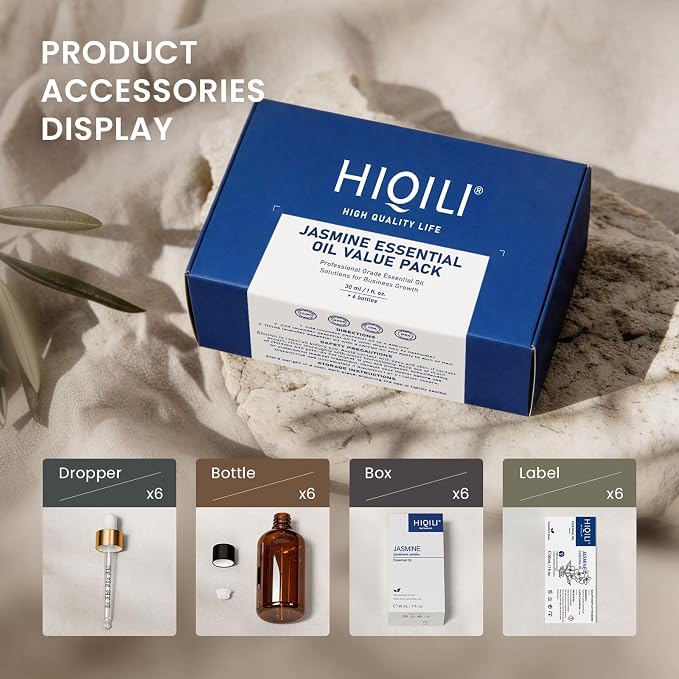 HIQILI Jasmine Essential Oil Set - 1 fl oz (6 Pack), Bulk Wholesale for Business, Skincare & Diffusing & DIY, for Spa & Sauna, Hotels & Homestays, Beauty Salons, Gift & Home Use
