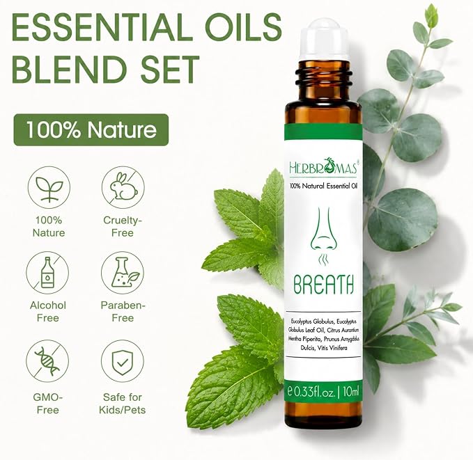 Aromatherapy Oils Roller Set, Natural Pre-diluted Essential Oils Roll On with Glass Rollerball, Relaxation Gift for Women & Men, Christmas Gift, Pack 4 x 0.33fl.oz