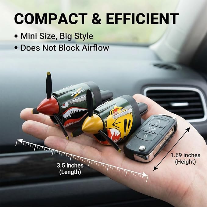 P-40 Warhawk Car Air Freshener with Spinning Propeller - Vent Clip Dashboard Decor for Men, Long Lasting Odor Eliminator & Aviation Gift (BLACK-P40-SHARK-2SET)