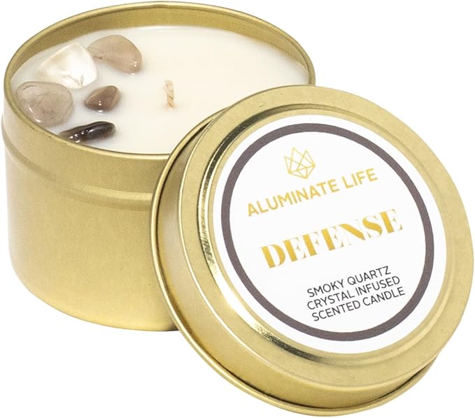 Luxury Candle Tin, 4 OZ, Defense - Smoky Quartz Crystal Infused - Scents of Frankincense, Neroli, & Sage - Detoxify, Ground, & Fortify - Coconut Wax Blend, Essential Oils, Dr. Developed
