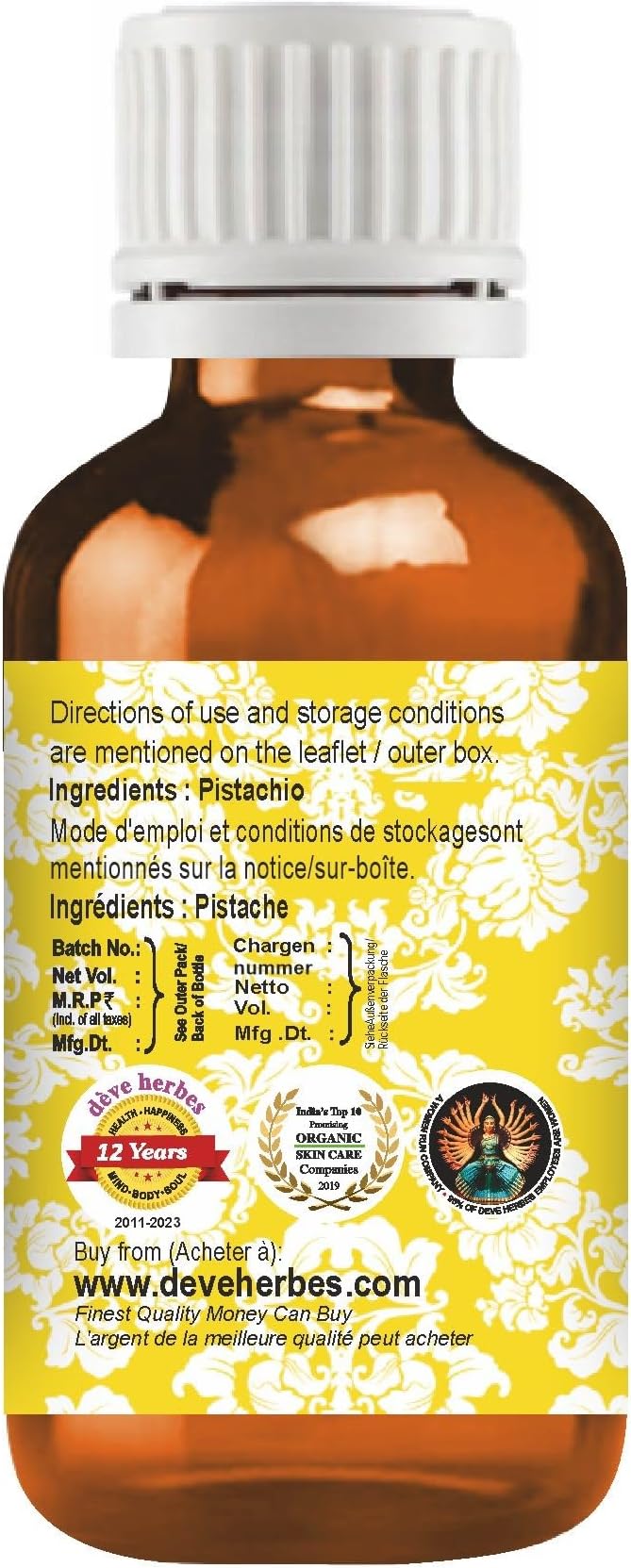 Deve Herbes Pistachio Oil (Pistacia vera) | Cold Pressed | Pure | Natural | Undiluted | For Diluting Essential oils | For Skin & Massage | Non-Sticky| Lightweight| Men & Women | 10ml (0.33 oz)