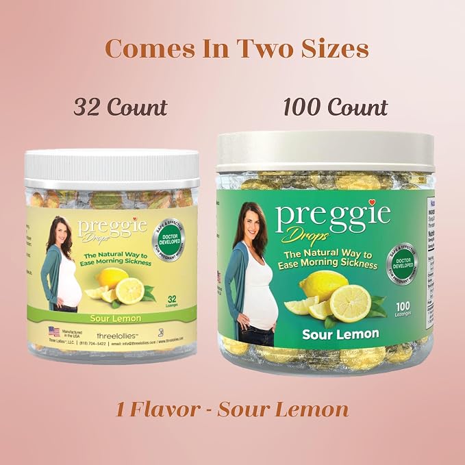 Three Lollies Preggie Drops Pregnancy Nausea Relief Drops with Vitamin B6 and Essential Oils, Morning Sickness and Queasy Stomach Support for Pregnant Women, Sour Lemon, 100 Count