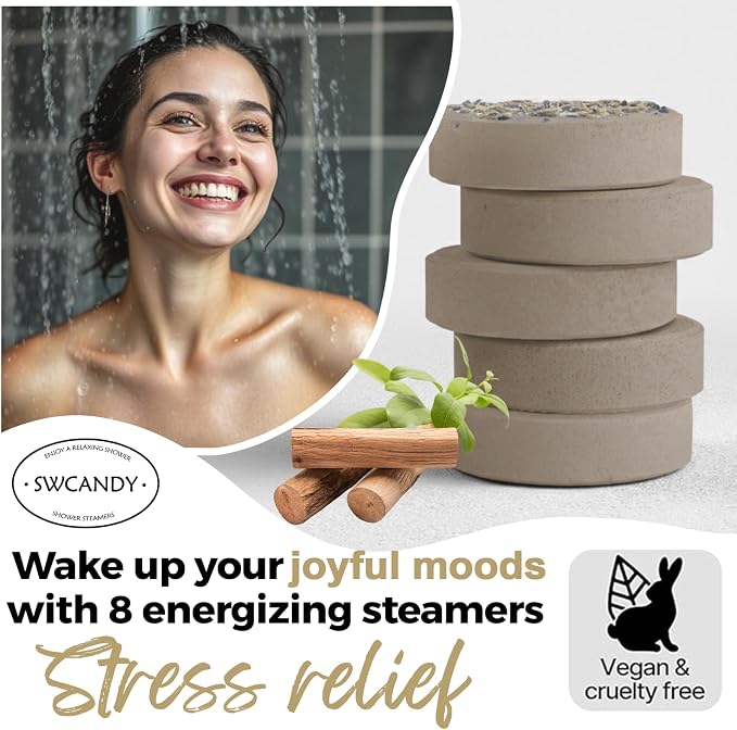 SWCANDY Shower Steamers Aromatherapy Birthday Gifts for Women Travel Essentials, 8 Pcs Sandalwood, Bath Bombs Shower Bombs with Natural Essential Oils, Relaxation Home SPA