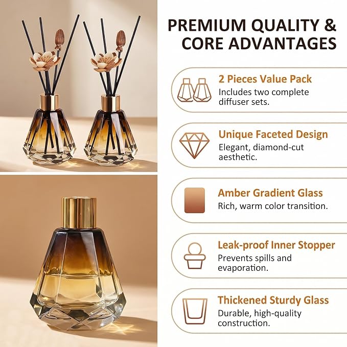 2Pcs 60ml/2oz Diffuser Bottles Empty Refillable Glass Diffusers Jars Aromatherapy Container Fragrance Accessories Use for DIY Replacement Diffuser Sticks Home Bathroom Decor