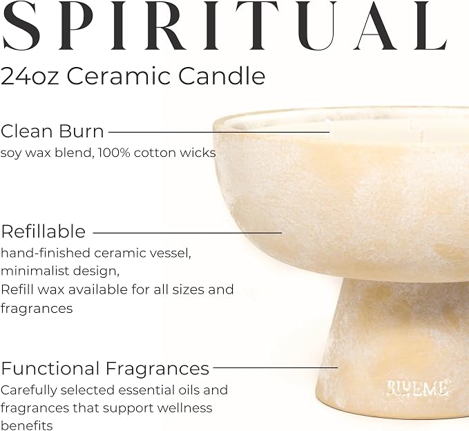 Blueme Spiritual Candle | Palo Santo & Vetiver | 5 Wick - Refillable Wellness Candle with Essential Oils, Hand Finished & Poured Soy Wax Blend Ceramic Vessel, Natural Cotton Wicks | Large 24 oz