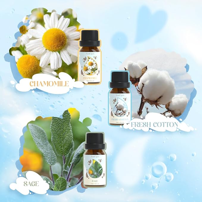 Soulorigin Laundry Fragrance Oils Set, Essential Oil for Diffuser, Aromatherapy Gift, Clean Scent Diffuser Oil, Use with Wool Dryer Balls,Chamomile, Fresh Cotton, Sage, Cedar, Lavender, Cherry Soap
