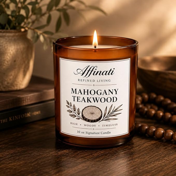 Affinati Mahogany Teakwood Signature Candle - 10 oz Luxury Soy Blend Wax Candle, Long-Lasting Home Fragrance