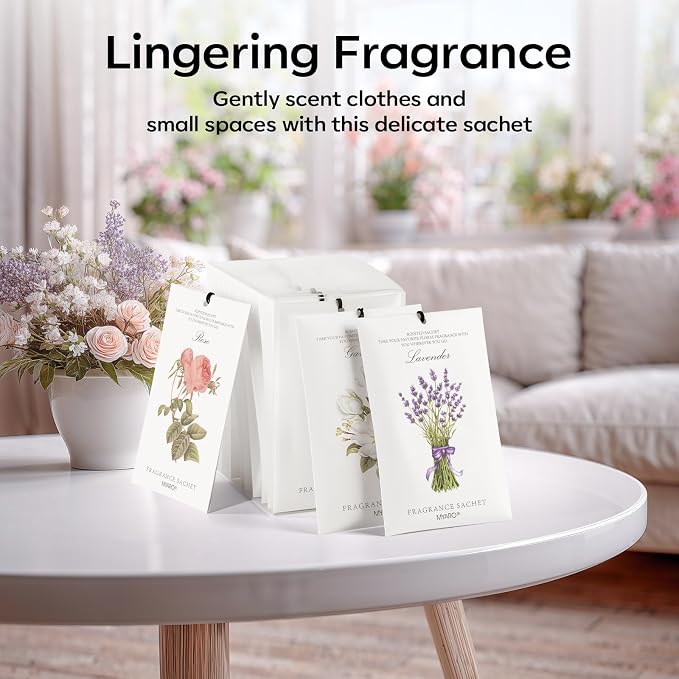 MYARO 12 Pack Assorted Floral Scented Sachets - Lavender, Rose, Jasmine, Ocean, Gardenia & Lily | Drawer, Closet & Car Air Freshener Bags | Multi-Scent Home Fragrance Gift Set