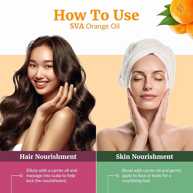 SVA Orange Essential Oil Organic – 2 Fl Oz – 100% Natural Organic Orange Oil - for Diffuser, Hair, Face, Skin Care, Aromatherapy, Scalp and Body Massage, Soap and Candle Making - with Dropper