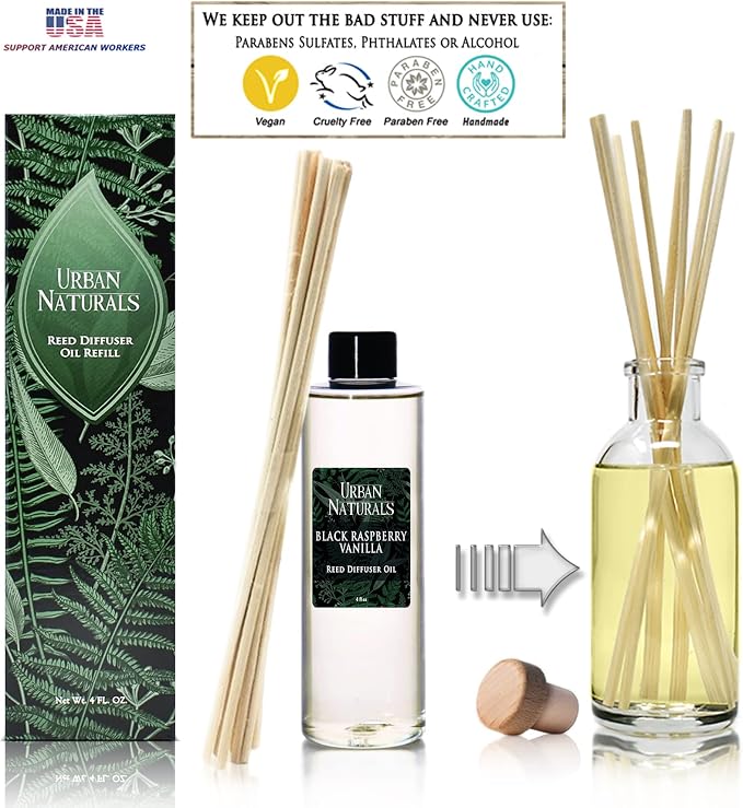 Urban Naturals Reed Diffuser Oil Refill, Black Raspberry Vanilla Oil for Diffuser with Orchid, Amber, Sandalwood, 4 oz + Free Reed Sticks, Made in the USA
