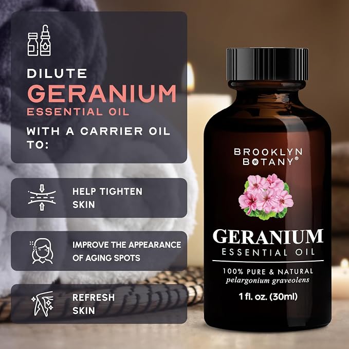 Brooklyn Botany Geranium Essential Oil - 100% Pure and Natural - Premium Grade Oil with Dropper - for Aromatherapy and Diffuser - 1 Fl Oz