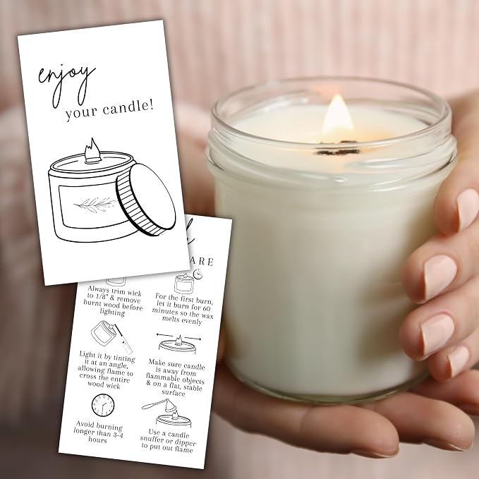 Wooden Wick Candle Care Instruction Cards 50pk 2x3.5” Wood Burning Custom Warning Label How To Cut Wick for Customers Thank You Cardstock