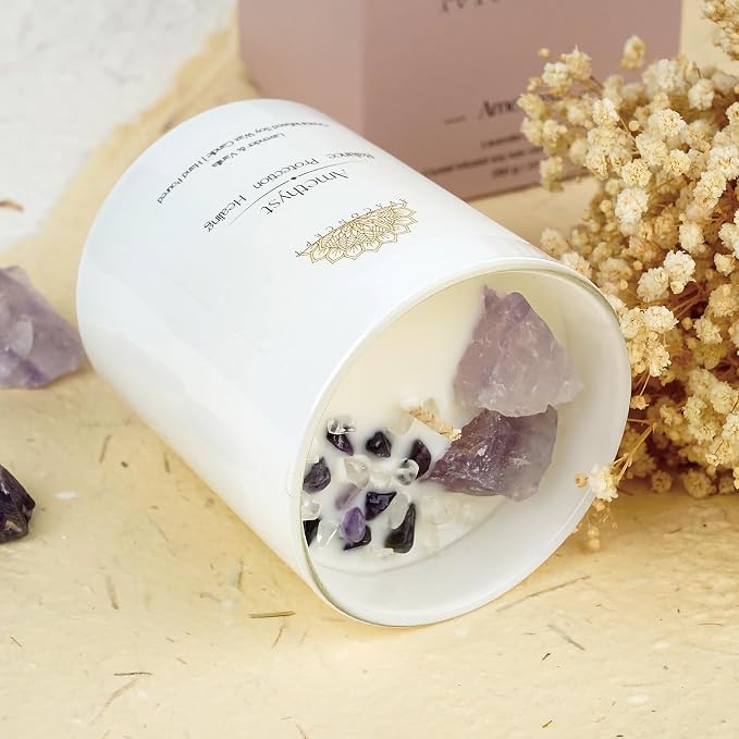 AvaConcept Amethyst Crystal Candle – 10oz / 280g | Lavender & Vanilla Aromatherapy | Hand-Poured Soy Wax | Genuine Healing Crystals Embedded | Balance, Protection & Healing | Pink Gift Box Included