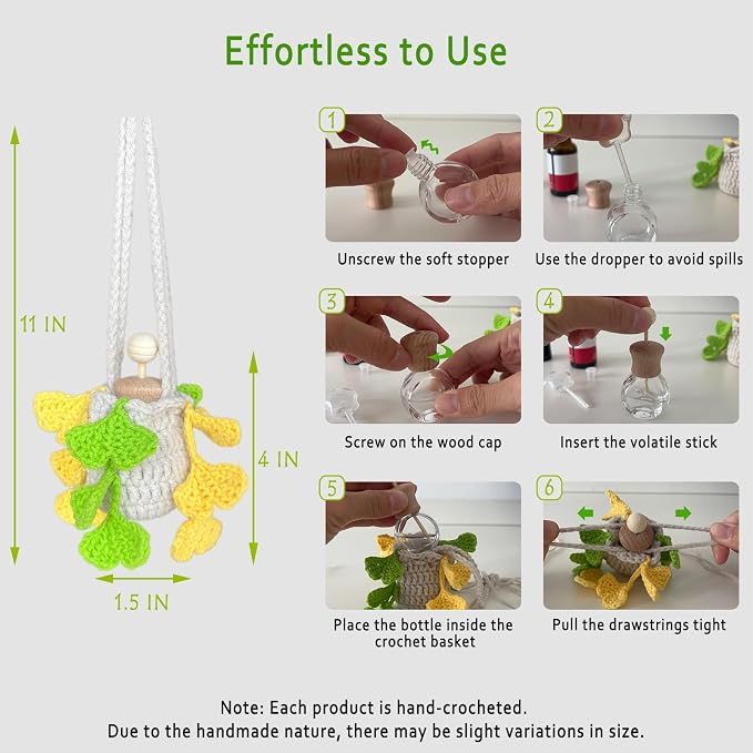Car Essential Oil Diffuser, 10ml Empty Refillable Bottle with Crochet Hanging Plant Rear View Mirror Accessories, Home Office Decor