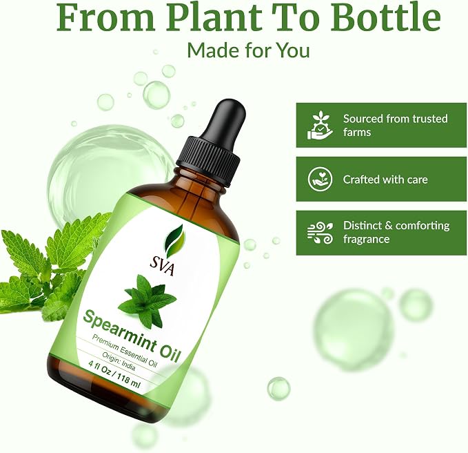 SVA Spearmint Essential Oil 4 Oz with Dropper 100% Pure Natural Undiluted Premium Therapeutic Grade Oil for Diffuser, Aromatherapy, Face, Body & Hair Care