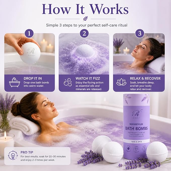 Magnesium Lavender Bath Bombs Gift Set – XL Epsom Salt Bath Bombs for Muscle Recovery, Stress Relief & Post-Workout Relaxation with Melatonin & Arnica Spa Gift for Women & Men Melatonin (Lavender)