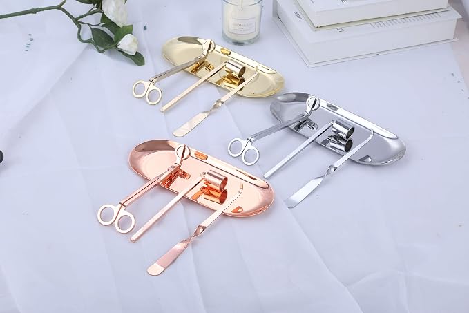 MUXSAM 4 in 1 Candle Accessory Set - Candle Wick Snuffer, Trimmer, Dipper & Storage Tray - Rose Gold