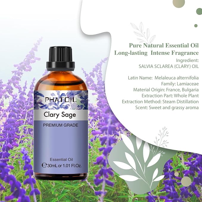 Clary Sage Essential Oil, 1.01Fl.Oz (30ML) PHATOIL Pure Essential Oil Singles for Aromatherapy Diffusers, Humidifiers, Great for DIY Candle and Soap Making, Gift for Friend