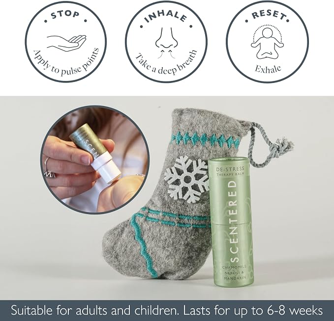 Scentered Aromatherapy De-Stress Balm Christmas Stocking Gift for Stress Relief - Essential Oil Roll On with Chamomile & Rosemary - Calming Relaxation - Self-Care Stocking Stuffers for Women