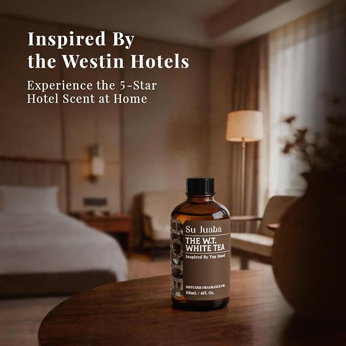 SU JUABA White Tea Hotel Diffuser Oil - Inspired by Westin - Luxury Scent for Essential Oil Diffuser for Home & Car, Crafting, Long-Lasting & Vegan, 4 Fl Oz
