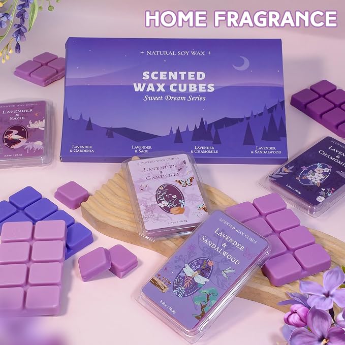 SCENTORINI Wax Melts, Wax Cubes Strong Scent, Lavender Scented for Sleep, Summer Scents Wax Melts for Warmer, 2.5 oz 4-Pack - Lavender & Gardenia, Sage, Chamomile, Sandalwood