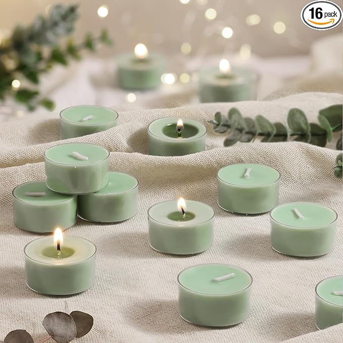 Eucalyptus Drift Scented Tea Lights Candles – Grayish Green – 6 Hour Burn – 100% Palm Wax – Scented Tealight Candles for Winter Holidays, Christmas Calm, Spa Vibes – 16 Pack Scent Votive Candle