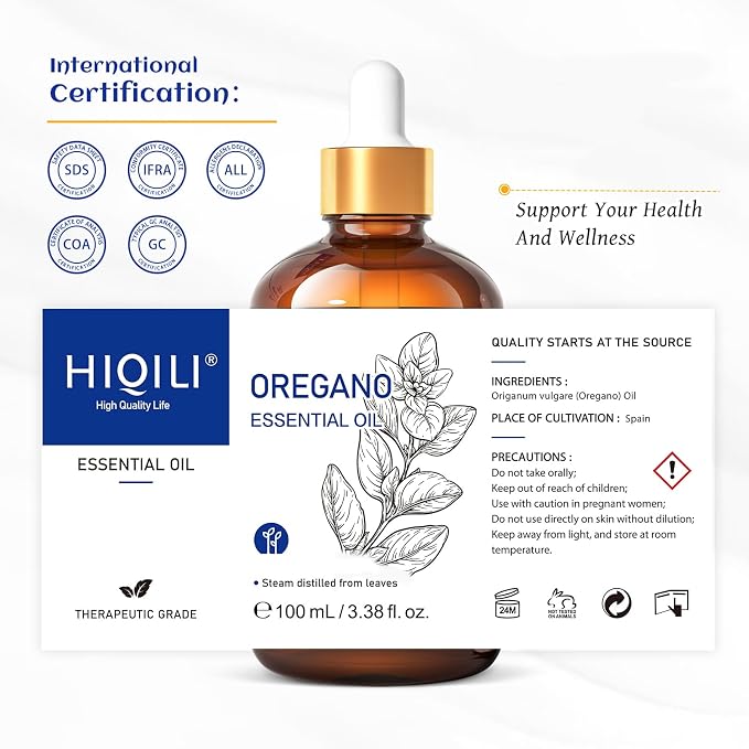 HIQILI 100 ML Oregano Essential Oil, Oregano Oil for Diffuser, Skin, Cleaning - 3.38 Fl Oz