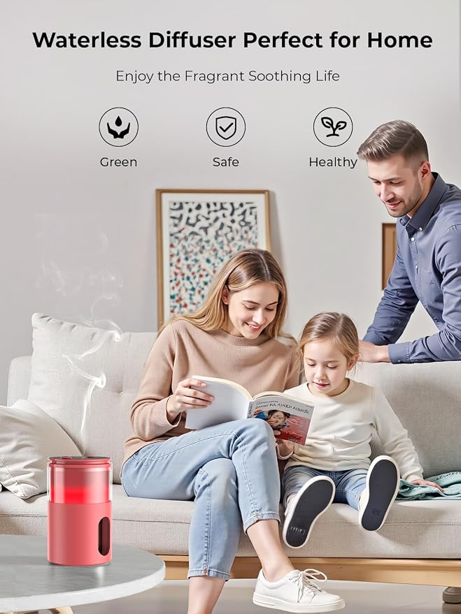 Waterless Essential Oil Diffuser: 𝟗 𝐂𝐨𝐥𝐨𝐫𝐬 𝐋𝐄𝐃 Scent Diffuser for Home&Car&Office - Portable Diffuser with 48H Battery, 4 Timers & 3 Mist Levels, Bright Red