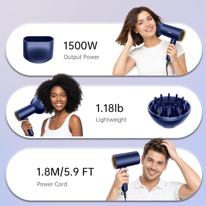 CONFU Diffuser Hair Dryer for Curly Hair,1500W Fast Drying Blow Dryer with Diffuser for Women,Compact & Portable Negative Ion Hairdryer,Mini and Foldable Blowdryer Design for Travel(Blue)