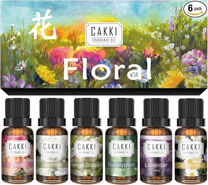 CAKKI Essential Oils for Diffusers for Home, Floral Fragrance Oils Set, 6x10ml, Rose, Lavender, Chamomile, Eucalyptus, Orange Blossom, Jasmine, Aromatherapy Oils, for Candles Making, for Humidifiers