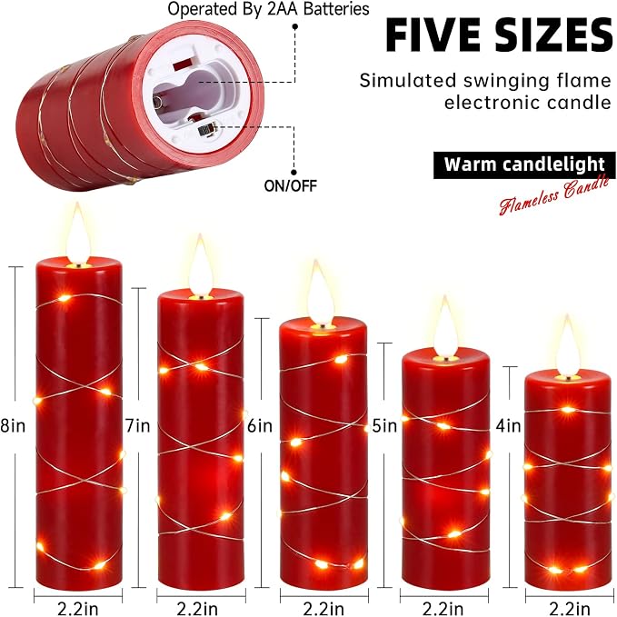 Upinmz Red Flameless Candle with Remote Control and Timer,Flickering Battery Operated Candles with String Lights,LED Pillar Candles,Set of 5