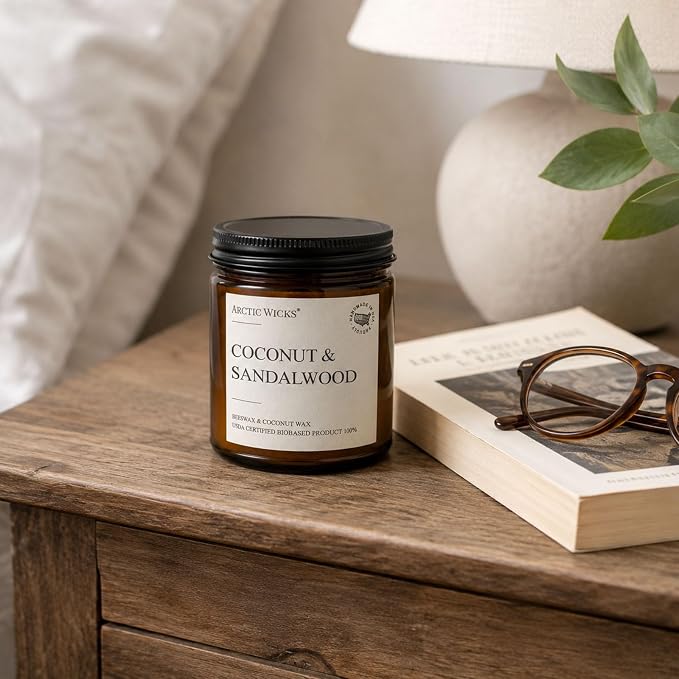 Arctic Wicks Scented Coconut Beeswax Candles | Coconut Beeswax Non Toxic Candle 9oz Amber | Farmhouse Candles Non-Toxic Clean Burn 100% USDA Certified Biobased (Coconut & Sandalwood)