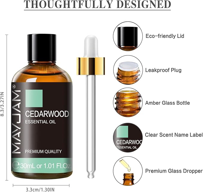 Cedarwood Essential Oil 1.01fl.oz/30ML, MAYJAM Premium Cedarwood Oil for Massage, Diffuser, Candle Making, DIY Soap, Long Lasting Scents
