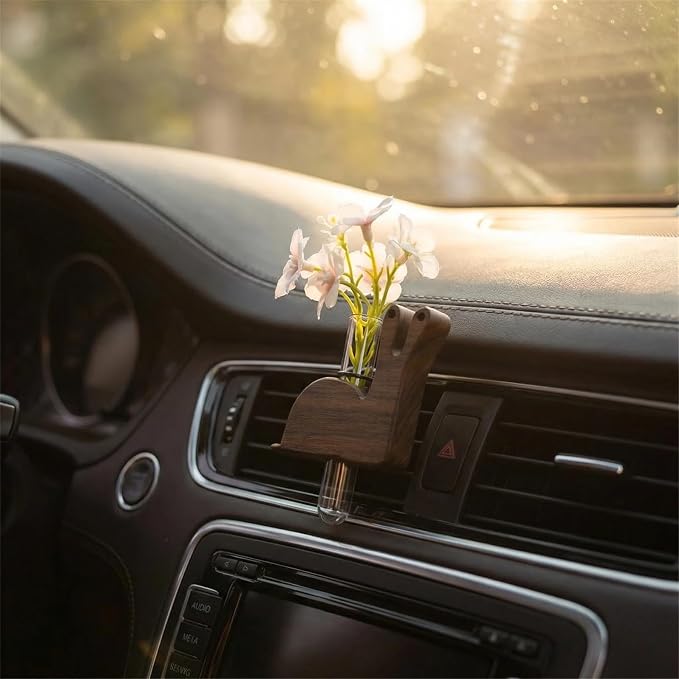 Little Glass Flower Vase Air Vent Clip, Wooden Stand Car Aroma Diffuser, Car Air Vent Decor Plant Holder, Auto Interior Decorations (Black Walnut Snail)