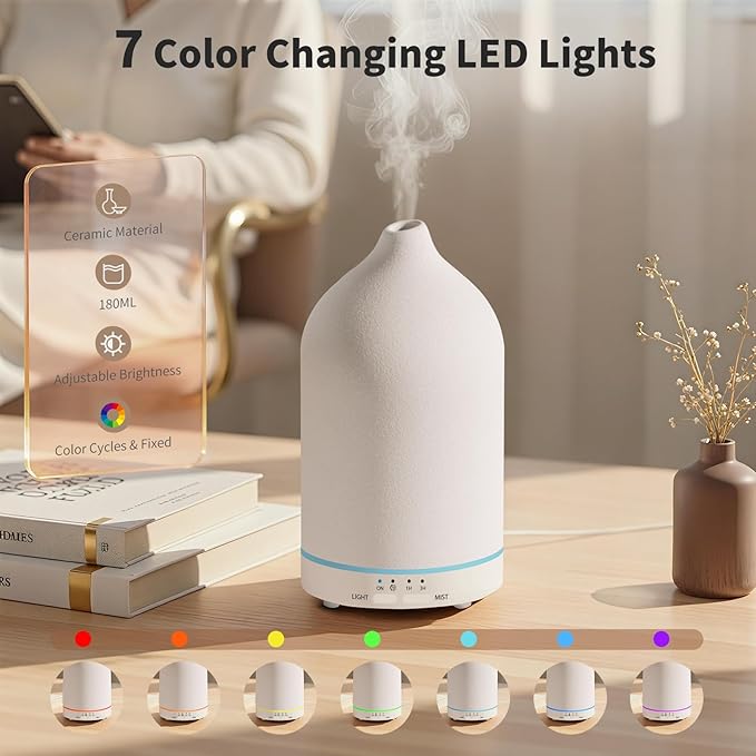 URPOWER 180ML Ceramic Essential Oil Diffuser - Ultrasonic Aromatherapy Diffuser with 7-Color LED Lights, Auto Shut-Off & 2 Mist Modes, Quiet Scent Diffusers for Home, Office, Yoga