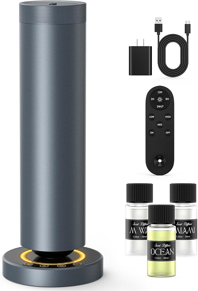 Waterless Diffuser with 108ML Essential Oils, Covers 1000 Sq Ft, Diffusers for Home Hotel, Adjustable Mist & Timer, Scent Diffuser Starter Kit with Night Light, Corded Electric,Grey