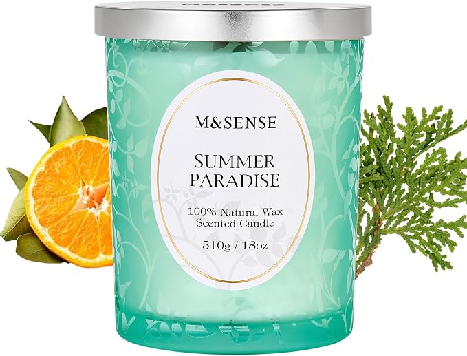 M&SENSE Summer Paradise Scented Candle | Cracking Wooden Wick, Soy Wax, 18oz, 100 Hours Long Lasting, Non-Toxic Aromatherapy