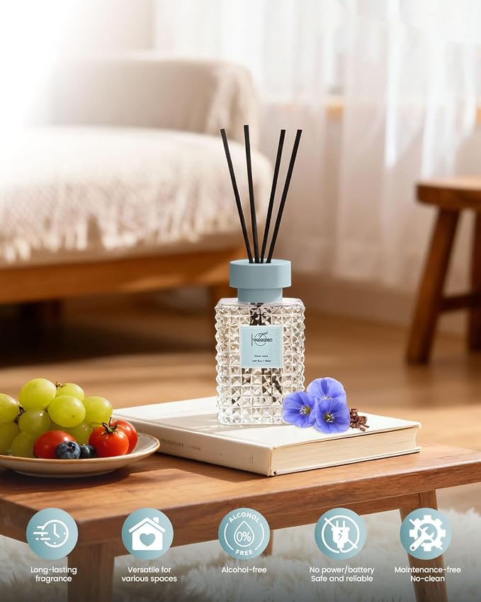 Reed Diffuser Set, Clean Linen Scented Home Fragrance Air Freshener for Bathroom Shelf Decor, 5.07 fl oz/150ml Essential Oil with Sticks