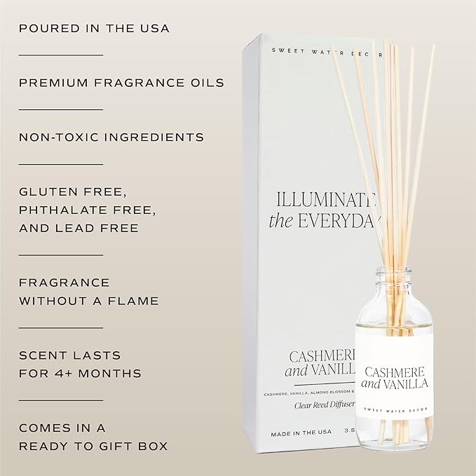 Sweet Water Decor Non-Toxic Cashmere and Vanilla Reed Diffuser Set, Cashmere, Sandalwood, Milky Coconut, Bourbon Vanilla Scented Diffuser for Home, Light Fragrance, Made in the USA, 3.5 FL OZ